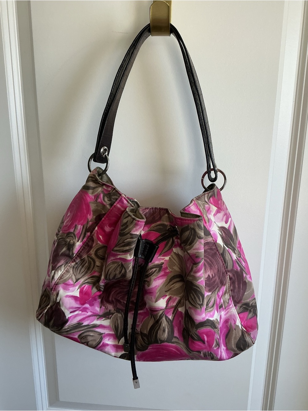Kate Spade NY Floral Pink and Brown Drawstring Shoulder or Hand Bag